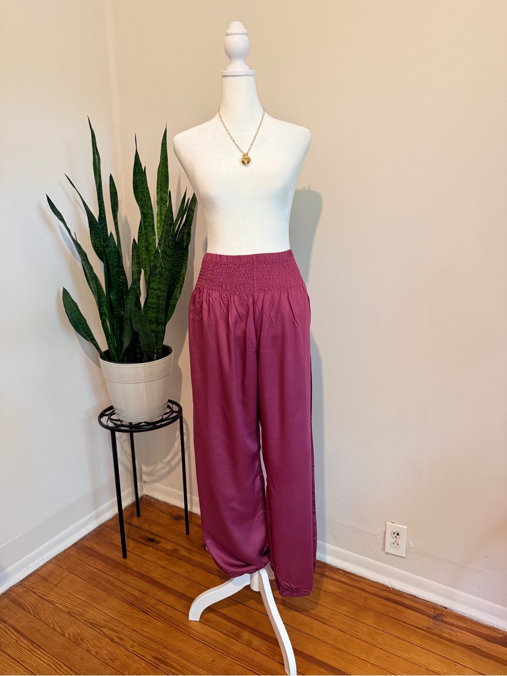 Lotus and Luna Harem Pants Smocked High Waist Berry Plum Rayon Boho Womens S/P